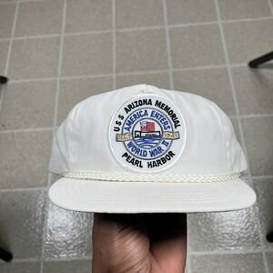 Vintage Pearl Harbor Snapback Hat Cap White WWII USS Arizona Memorial‎ Patch